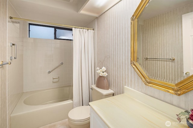 full bathroom featuring toilet, wallpapered walls, shower / tub combo with curtain, and vanity