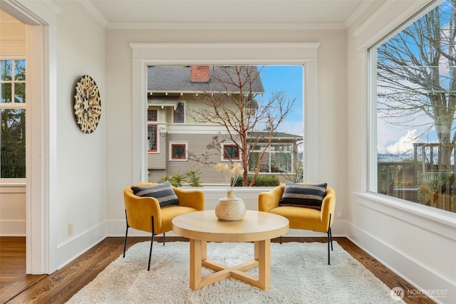 living area with dark wood-style floors, a healthy amount of sunlight, and crown molding