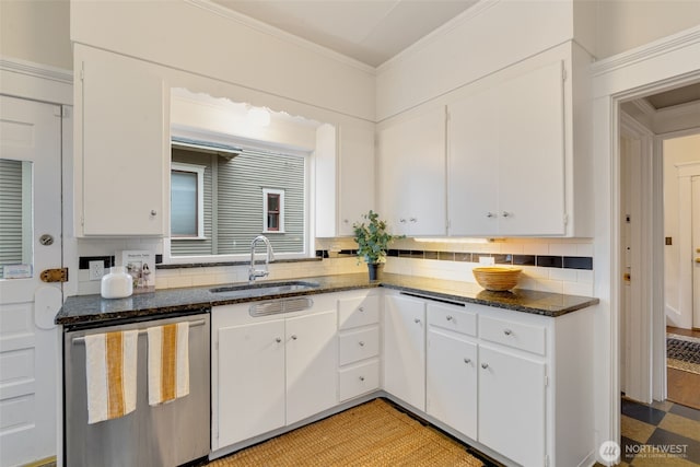 kitchen with a sink, white cabinetry, stainless steel dishwasher, and ornamental molding