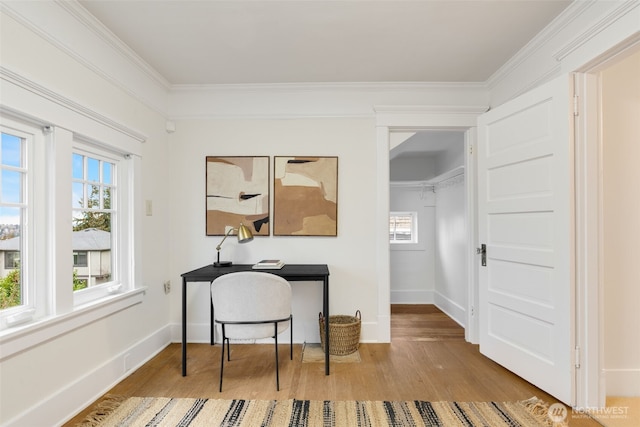 office featuring ornamental molding, baseboards, and wood finished floors