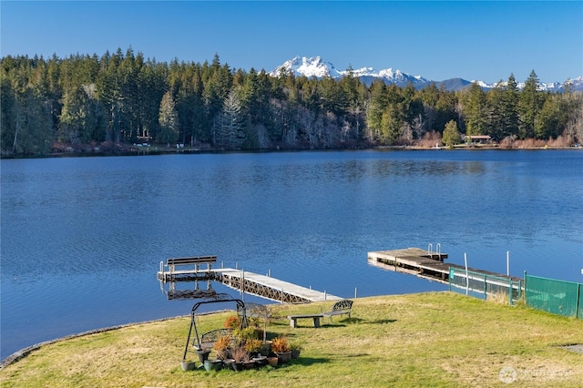 dock area featuring a forest view, a yard, and a water view