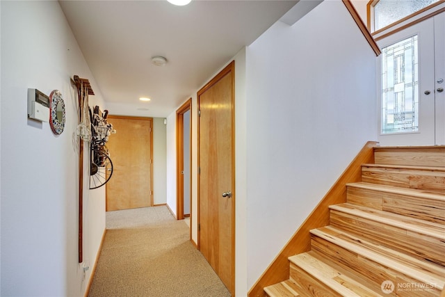 hall featuring carpet and stairs