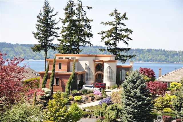 view of front of property featuring a water view, a view of trees, and stucco siding