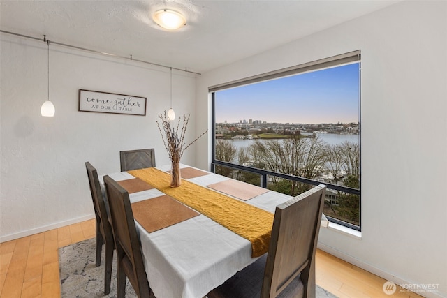 dining room featuring a water view, baseboards, and wood finished floors