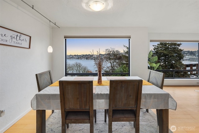 dining area featuring a textured wall, light wood finished floors, and a water view