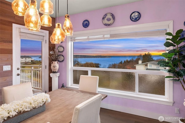 dining room featuring plenty of natural light, a water view, and wood finished floors