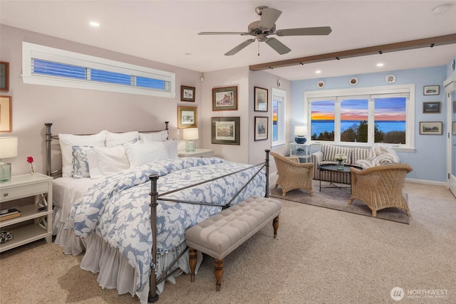 bedroom featuring a ceiling fan, carpet, baseboards, and recessed lighting