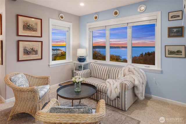 living area featuring carpet, a water view, and baseboards