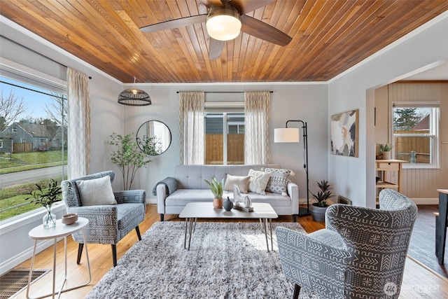 living area featuring a wealth of natural light, visible vents, wood ceiling, and wood finished floors