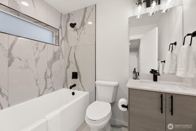 full bathroom featuring toilet, marble finish floor, vanity, and shower / bathing tub combination