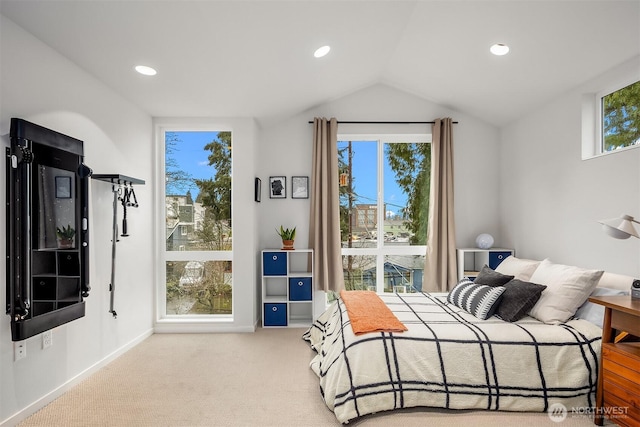 bedroom featuring carpet floors, baseboards, vaulted ceiling, and recessed lighting