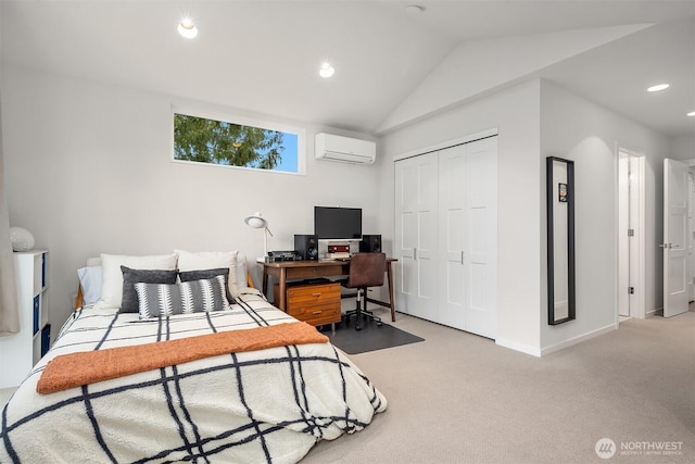 bedroom featuring recessed lighting, vaulted ceiling, an AC wall unit, a closet, and carpet