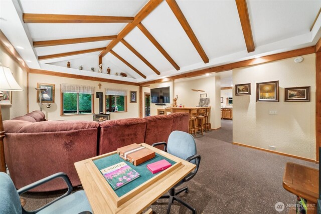 dining area with bar area, lofted ceiling with beams, and baseboards