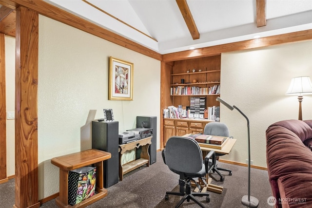 office with vaulted ceiling with beams, built in shelves, and baseboards