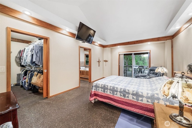 bedroom featuring access to exterior, recessed lighting, a spacious closet, vaulted ceiling, and baseboards