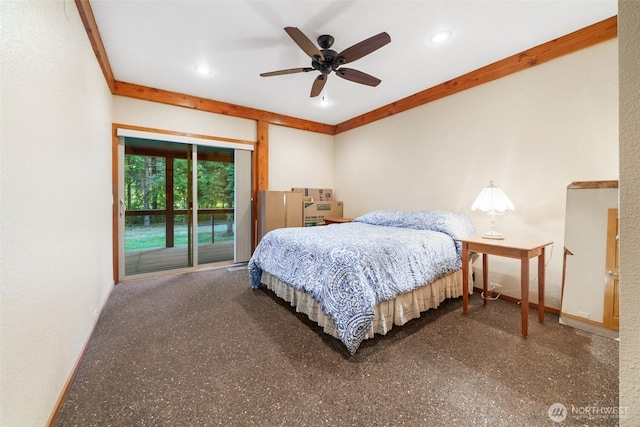 bedroom featuring recessed lighting, a ceiling fan, baseboards, access to outside, and ornamental molding