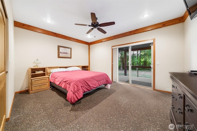 bedroom featuring access to outside, baseboards, a ceiling fan, and recessed lighting