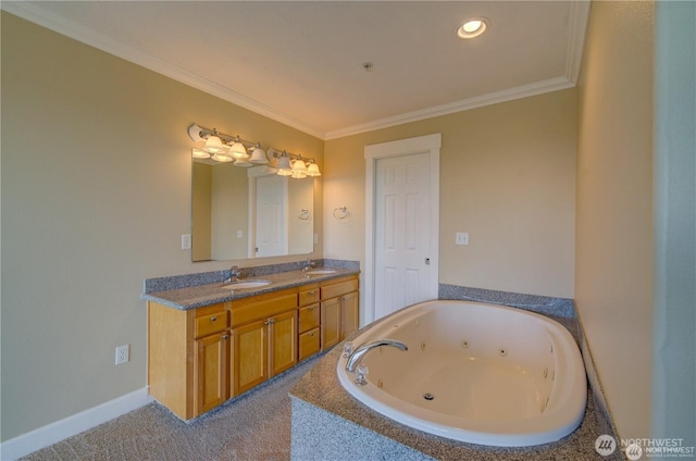 full bath with crown molding, a sink, and double vanity