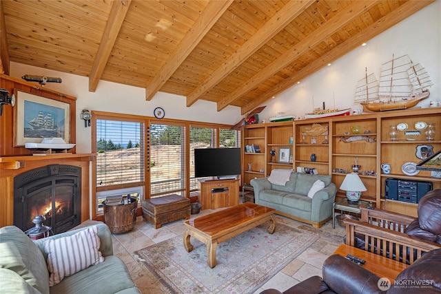312 Stormridge Rd, Friday Harbor, WA 98250 - living room featuring beam ceiling, wood ceiling, and stone tile floors