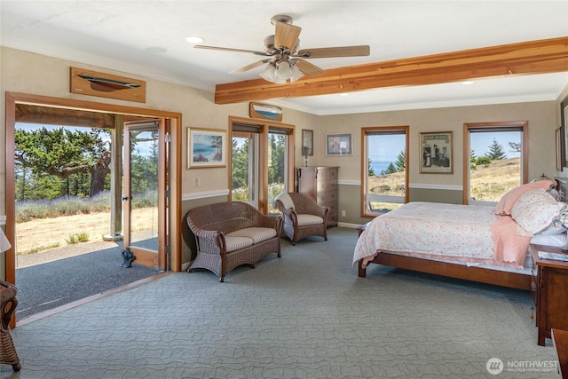 312 Stormridge Rd, Friday Harbor, WA 98250 - bedroom with multiple windows, carpet, access to outside, and beamed ceiling