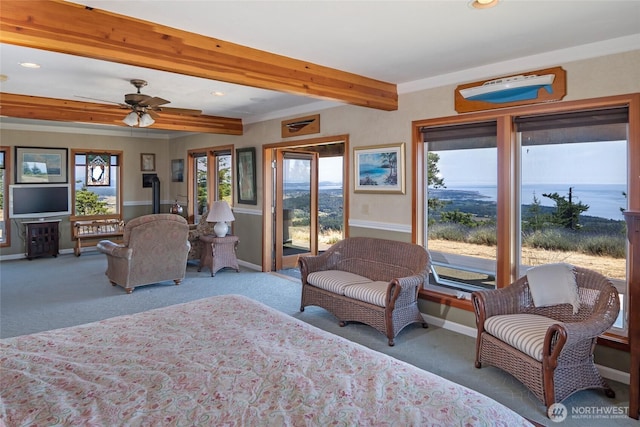 312 Stormridge Rd, Friday Harbor, WA 98250 - carpeted bedroom with baseboards, recessed lighting, multiple windows, and beam ceiling