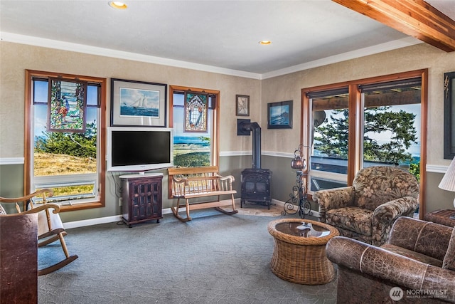 312 Stormridge Rd, Friday Harbor, WA 98250 - carpeted living area featuring baseboards, recessed lighting, a wood stove, and ornamental molding