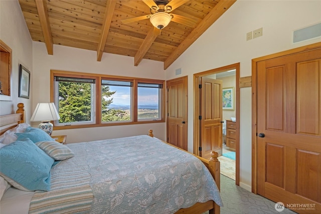 312 Stormridge Rd, Friday Harbor, WA 98250 - carpeted bedroom featuring high vaulted ceiling, wood ceiling, beam ceiling, ceiling fan, and visible vents