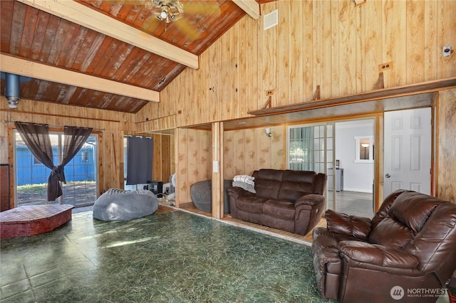 living area with wood walls, wood ceiling, visible vents, french doors, and beamed ceiling