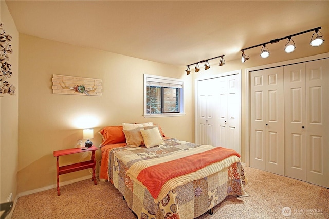 bedroom featuring multiple closets, carpet, rail lighting, and baseboards