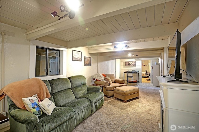 living area featuring light carpet, wooden ceiling, and beam ceiling