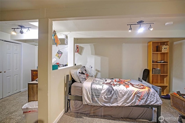 bedroom featuring carpet floors and track lighting