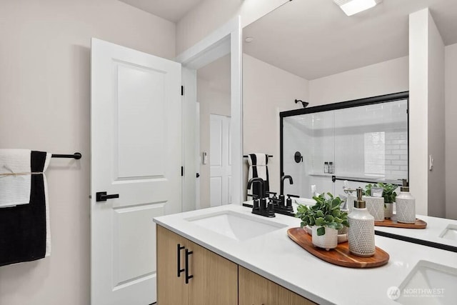 bathroom featuring a shower stall and vanity