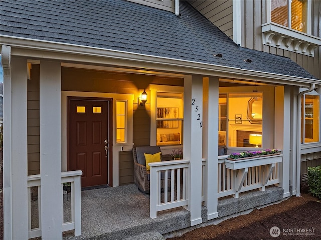 entrance to property featuring roof with shingles