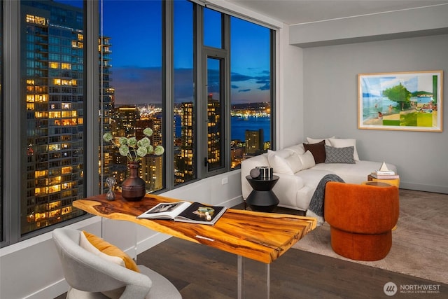 interior space with a view of city, wood finished floors, and baseboards