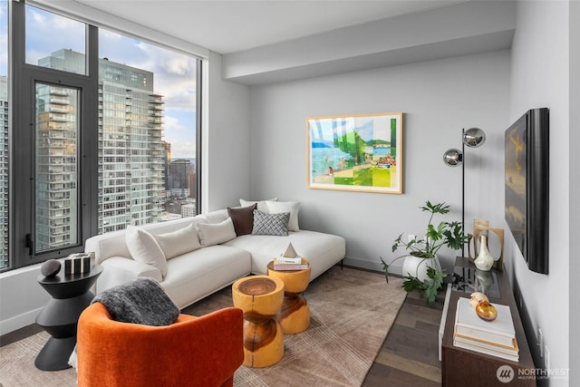 living area with a view of city, a wall of windows, wood finished floors, and baseboards