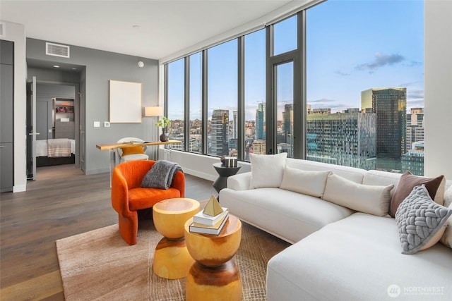 interior space featuring a view of city and visible vents