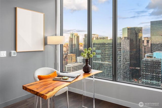 office space with dark wood-type flooring, a city view, and baseboards