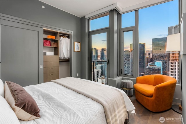 bedroom featuring expansive windows, a closet, a city view, and wood finished floors