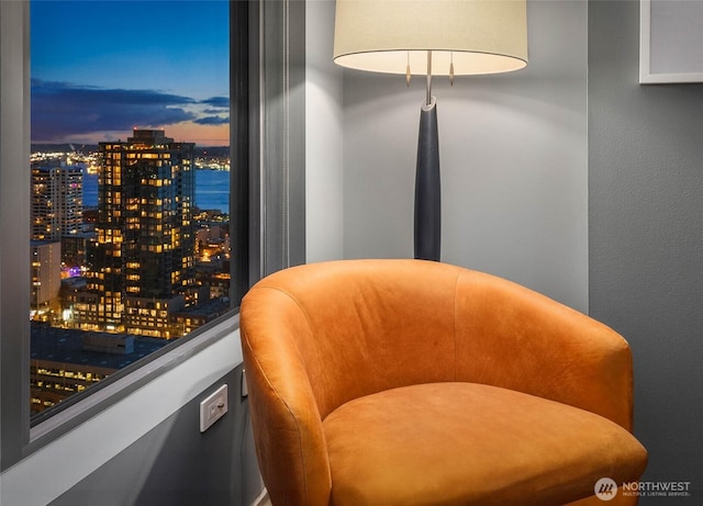 living area featuring a water view and a city view