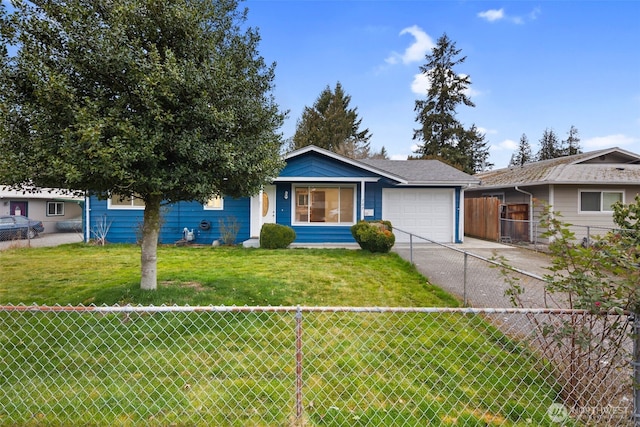 single story home with a garage, driveway, fence, and a front yard