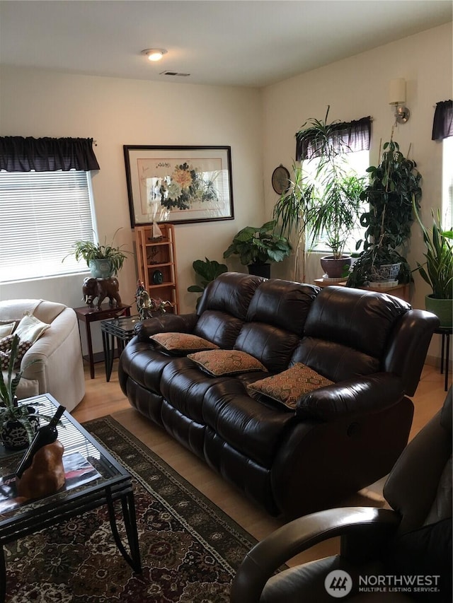 living area with visible vents and wood finished floors