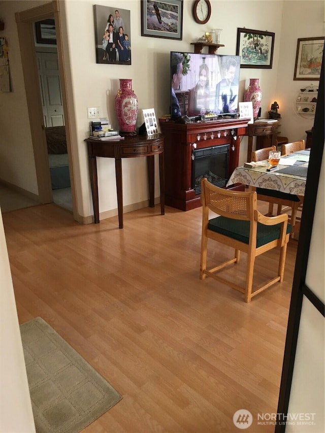 interior space with baseboards, a fireplace, and light wood finished floors