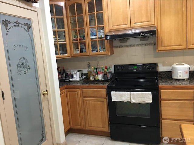 kitchen featuring electric range, decorative backsplash, dark countertops, glass insert cabinets, and under cabinet range hood