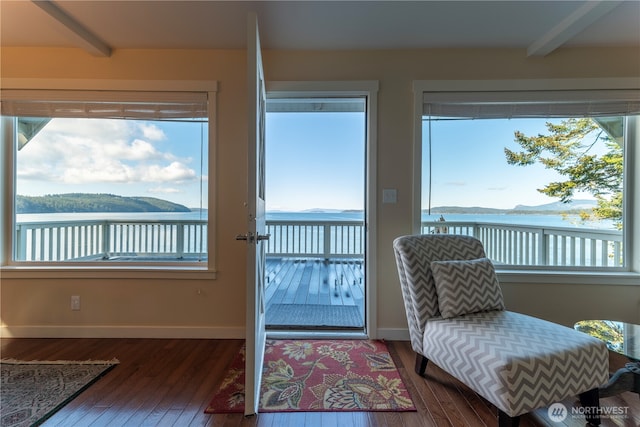 doorway with baseboards, beam ceiling, a mountain view, and hardwood / wood-style flooring