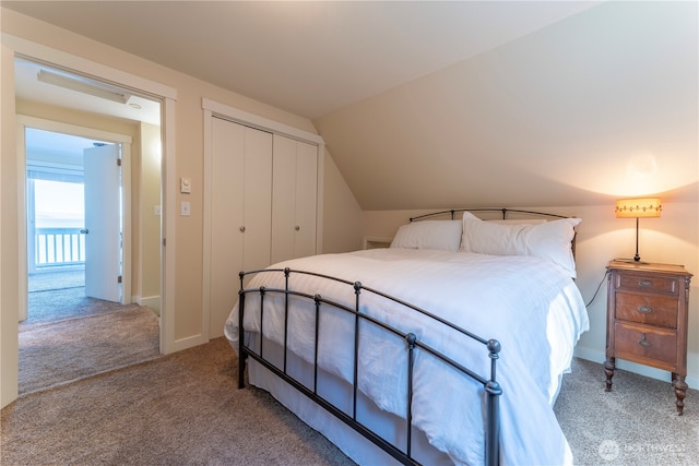 bedroom with lofted ceiling, carpet, and a closet