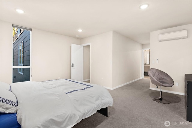 bedroom with baseboards, recessed lighting, a wall mounted air conditioner, and light colored carpet