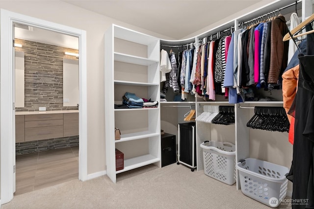 walk in closet with light colored carpet