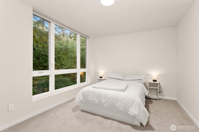 bedroom featuring light carpet and baseboards