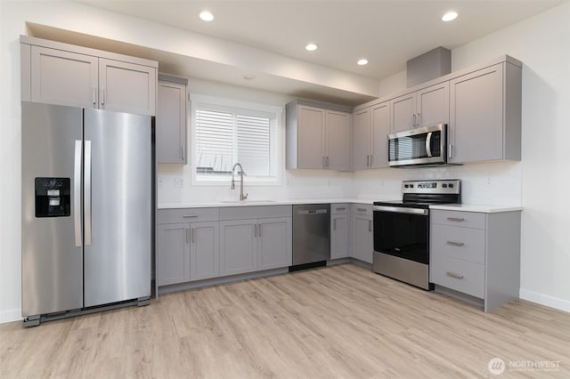 kitchen featuring stainless steel appliances, a sink, light countertops, gray cabinets, and backsplash