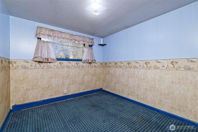 spare room with wainscoting, a textured ceiling, and carpet flooring